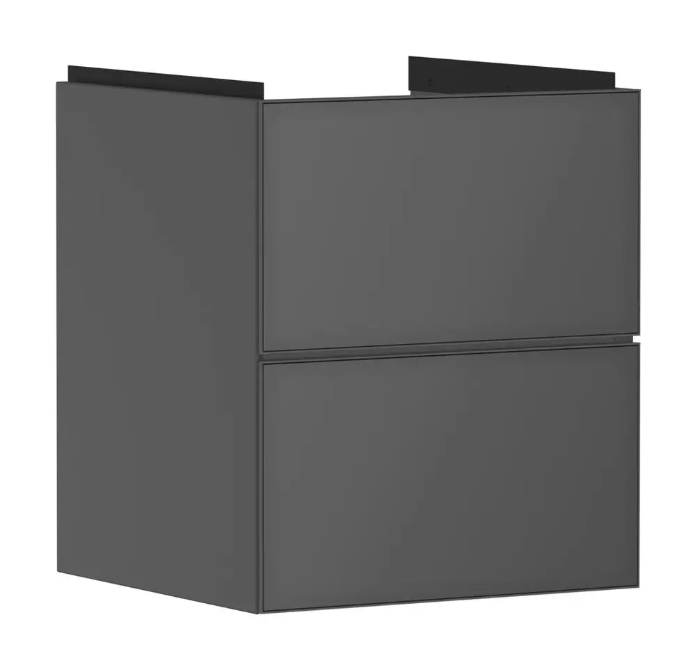 Hochschrank von Hansgrohe in schiefergrau matt mit zwei Schubkästen, geeignet für ein Handwaschbecken. Der Schrank hat eine klare, moderne Form und ist ohne sichtbare Griffe.